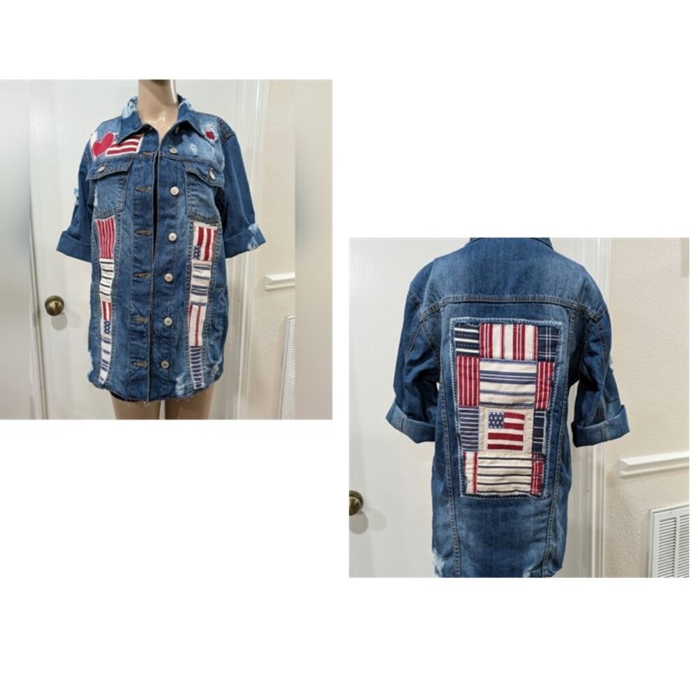 Upcycled SzM Distressed Denim Jacket wth Patriotic Cottagecore Patchwork Accents